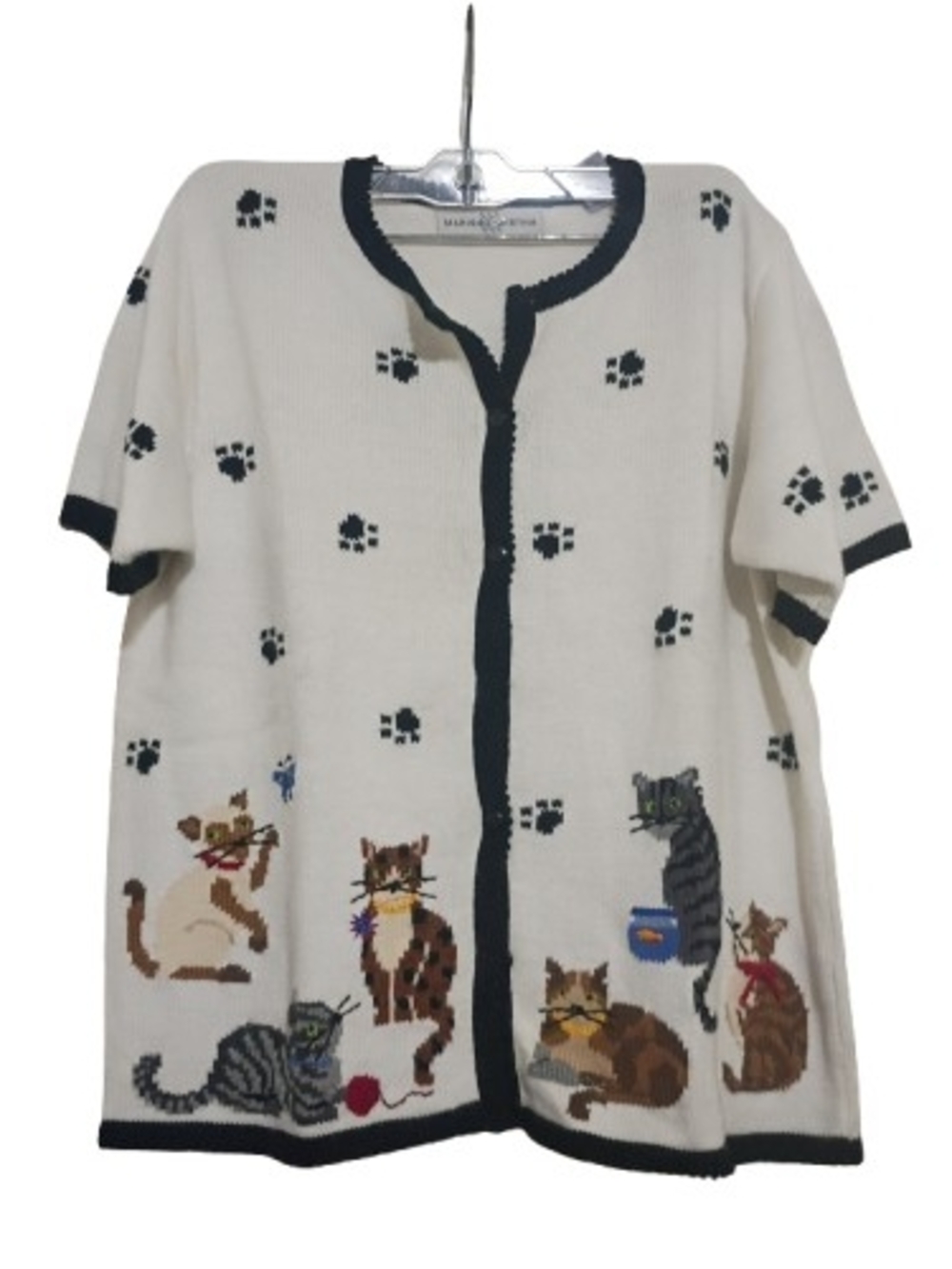 Marisa Christina Cat Motif Cardigan with Black Trim 90's Granny